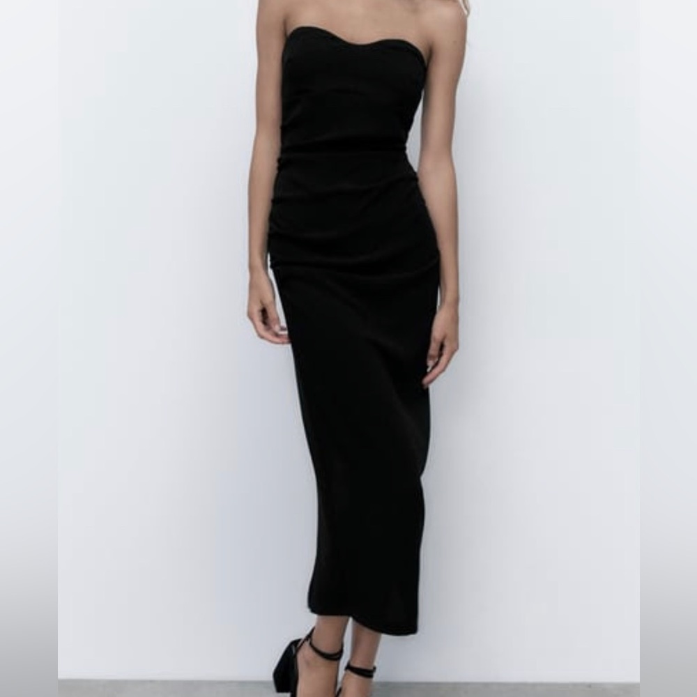 Zara Black Strapless Dress with Ruching Medium